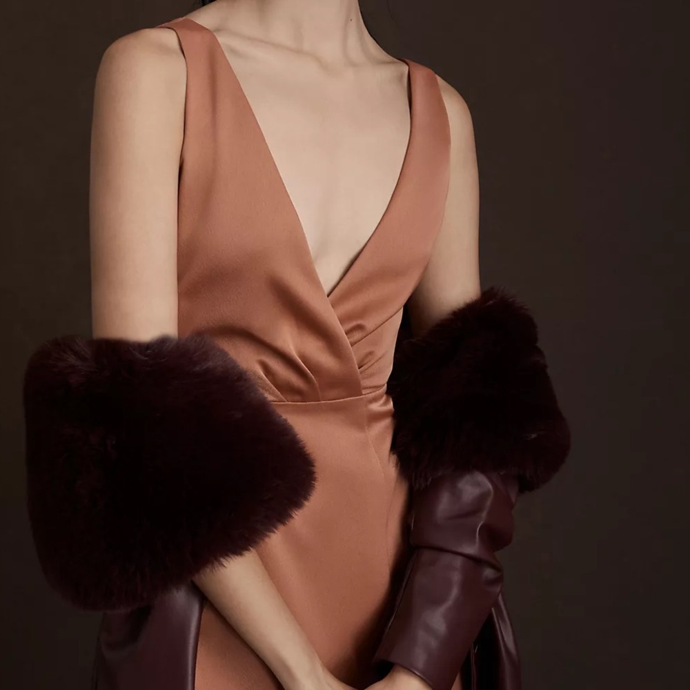 BHLDN Piper V-Neck Side-Slit Satin Gown in Sedona